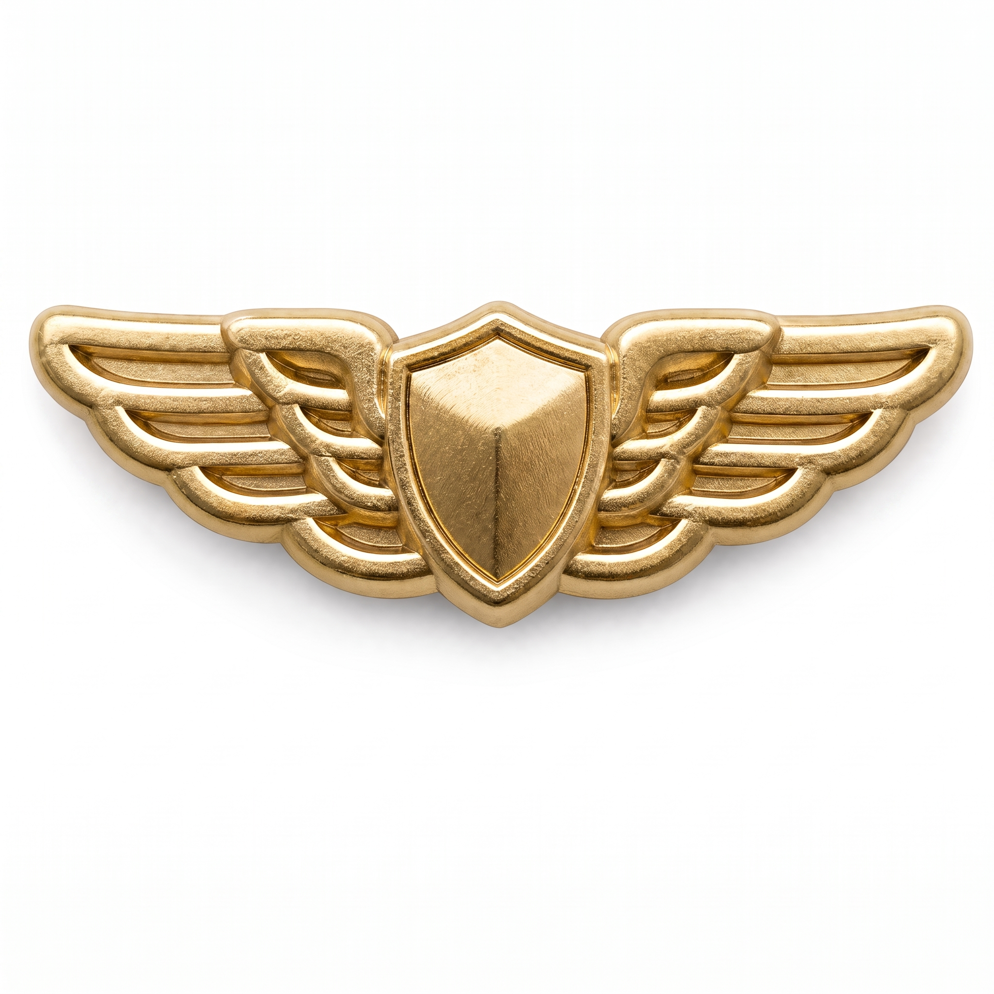 Gold aviator pilot wings push pin with 3D shield center and layered feathered wings