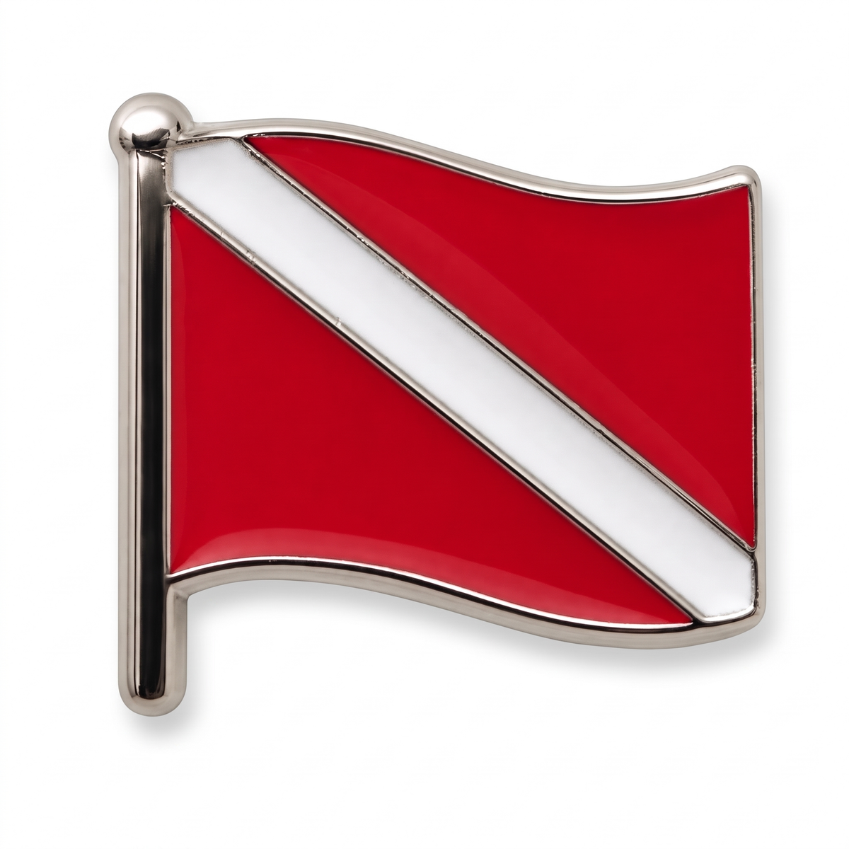 Red and white diver down flag enamel lapel pin with silver nickel border and flagpole
