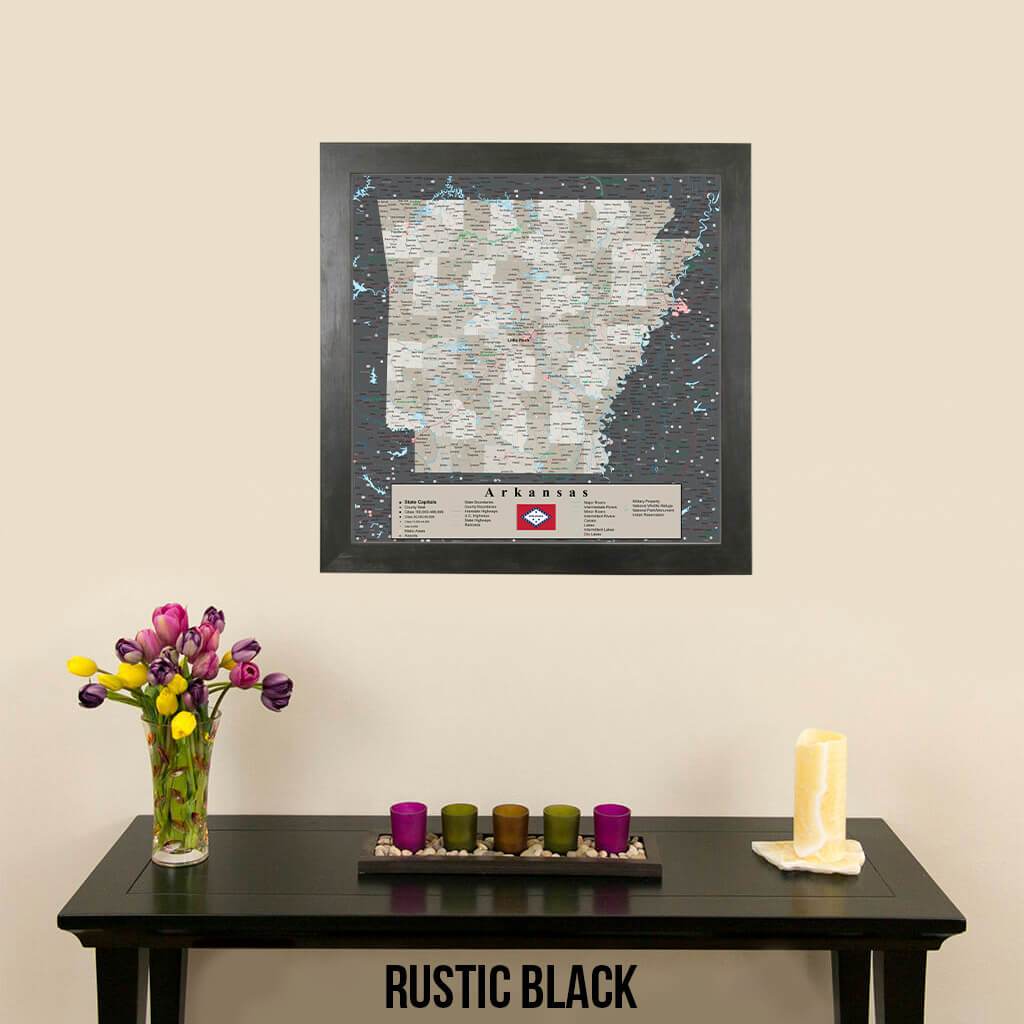 Pin Map of Arkansas in Rustic Black Frame