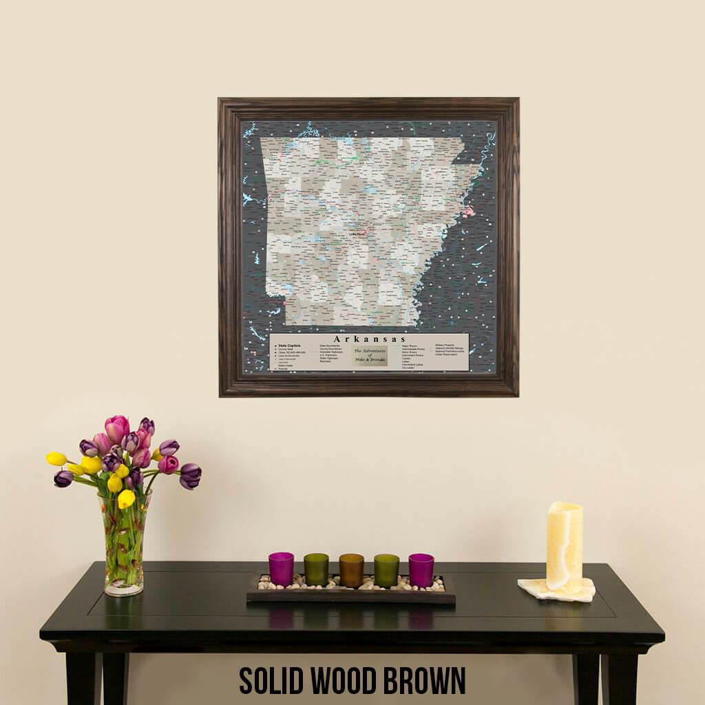 Pin Map of Arkansas in Solid Wood Brown Frame