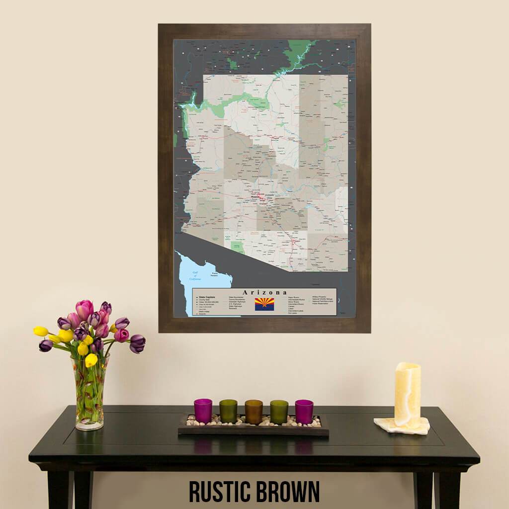 Earth Toned Arizona State Map Rustic Brown Frame