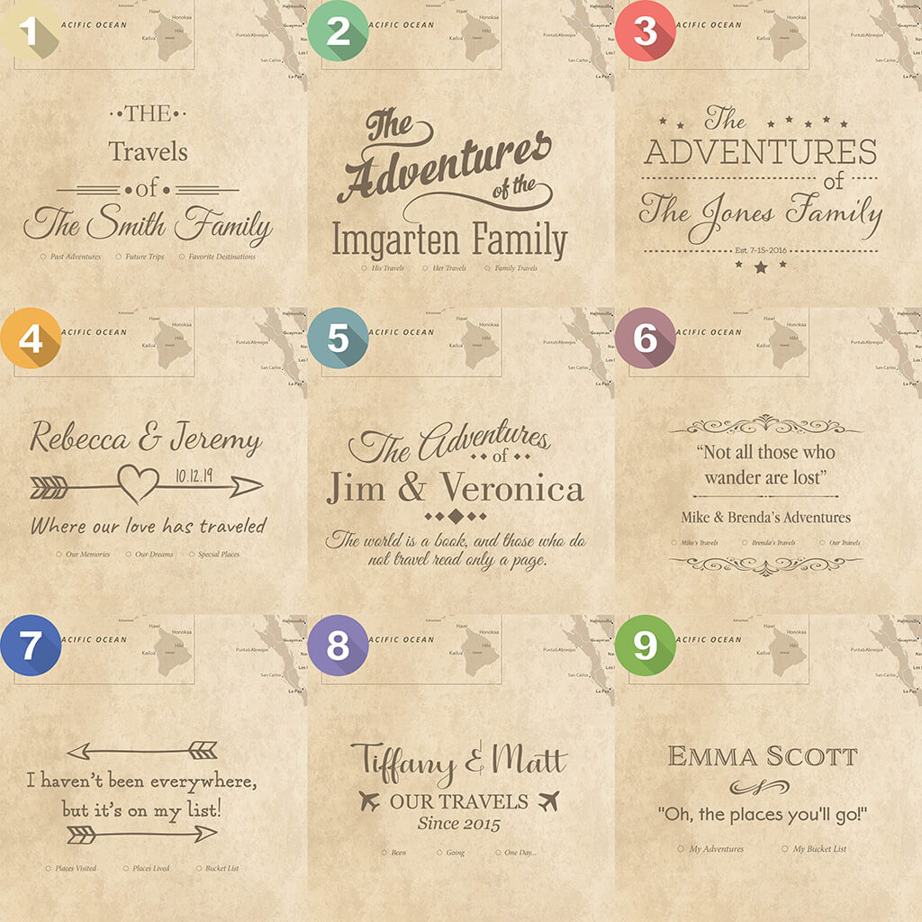 Nine personalized vintage travel map title panel options showing customizable family name and quote styles on aged parchment background