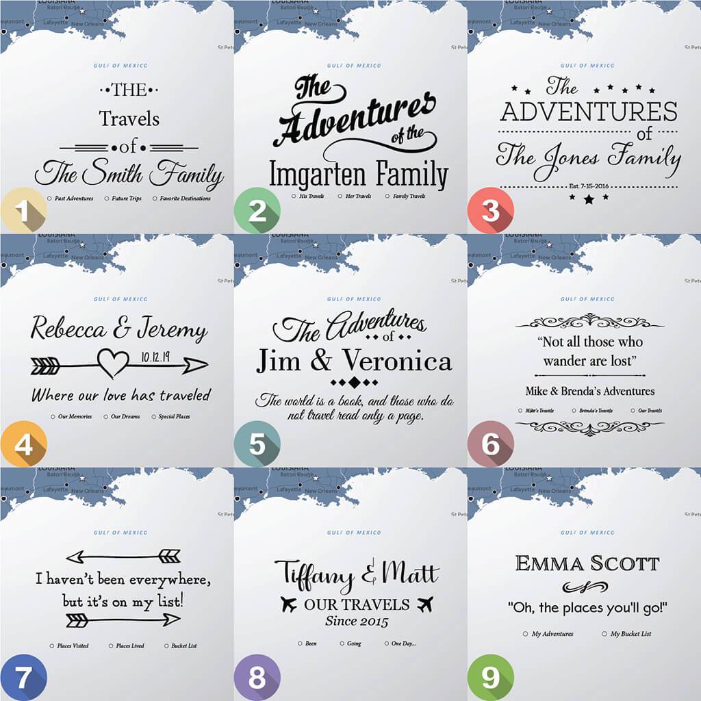 Nine personalized text style options for Blue Ice USA canvas push pin travel map customization