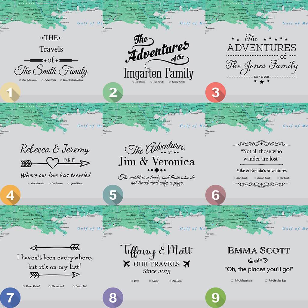 Nine personalized title style options for emerald watercolor USA travel map with pins