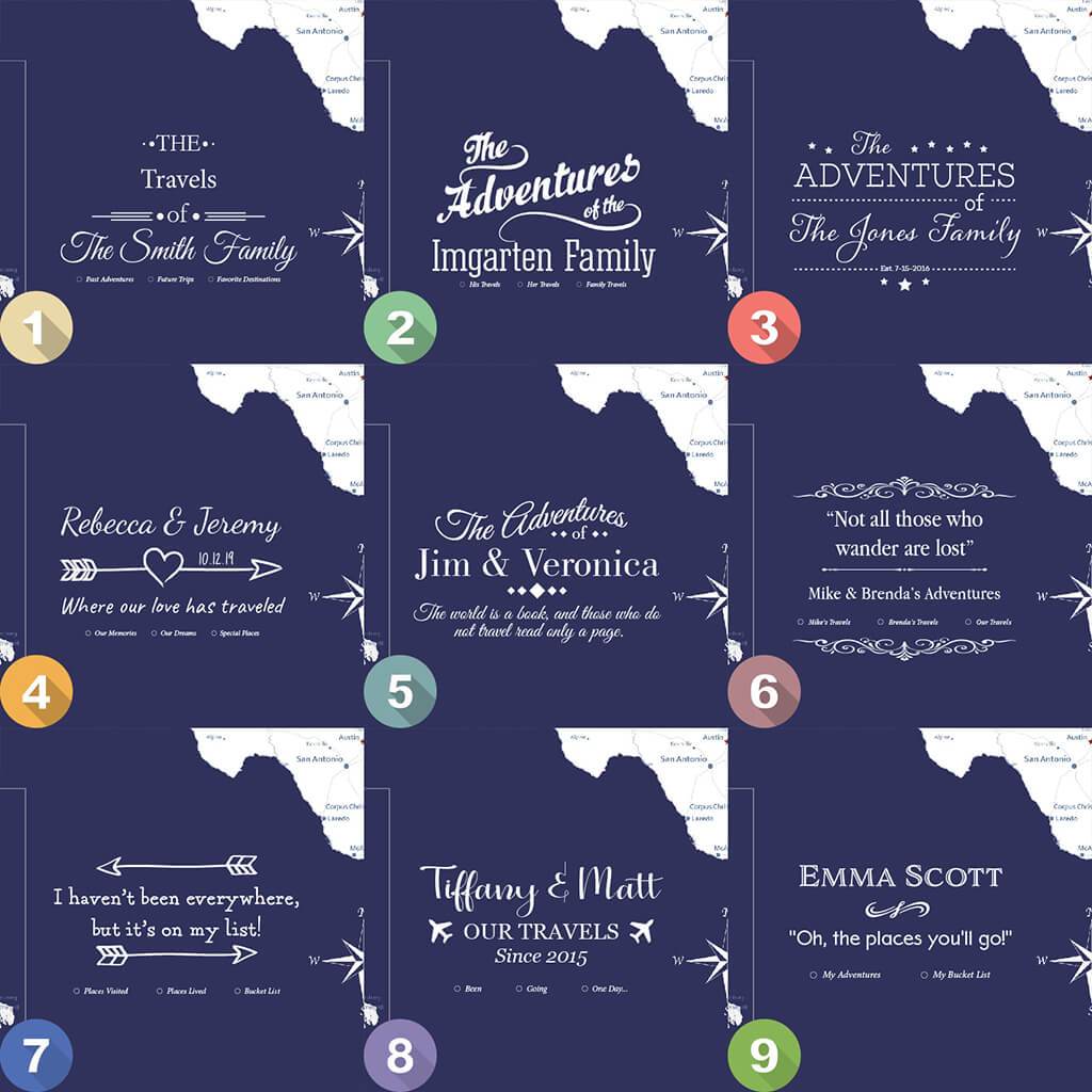 Nine personalized navy blue USA Caribbean travel map canvas design layout options numbered one through nine