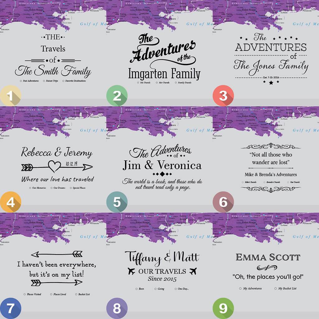 Nine personalized text style options for vibrant violet watercolor USA canvas travel map with pins