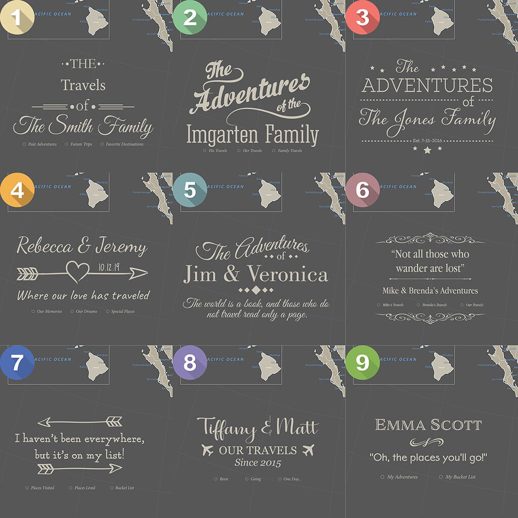 Nine personalized legend design options for earth toned North America canvas travel map with pins on gray background