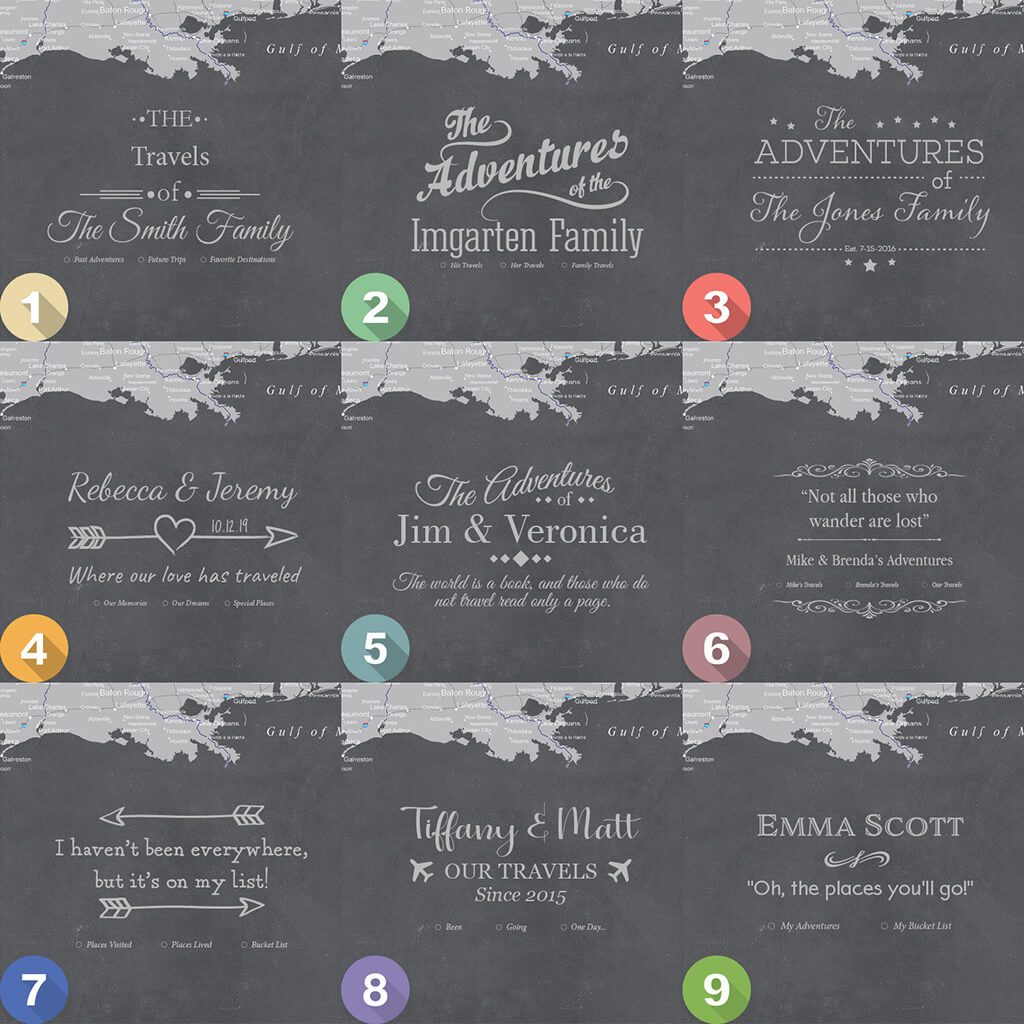 Nine personalized text layout options for Stormy Dreams USA travel map with pins on charcoal canvas
