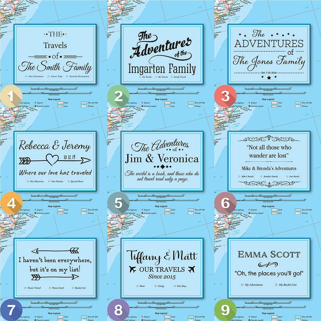 Nine personalized USA travel map canvas design style options numbered 1-9 with custom family names and travel quotes