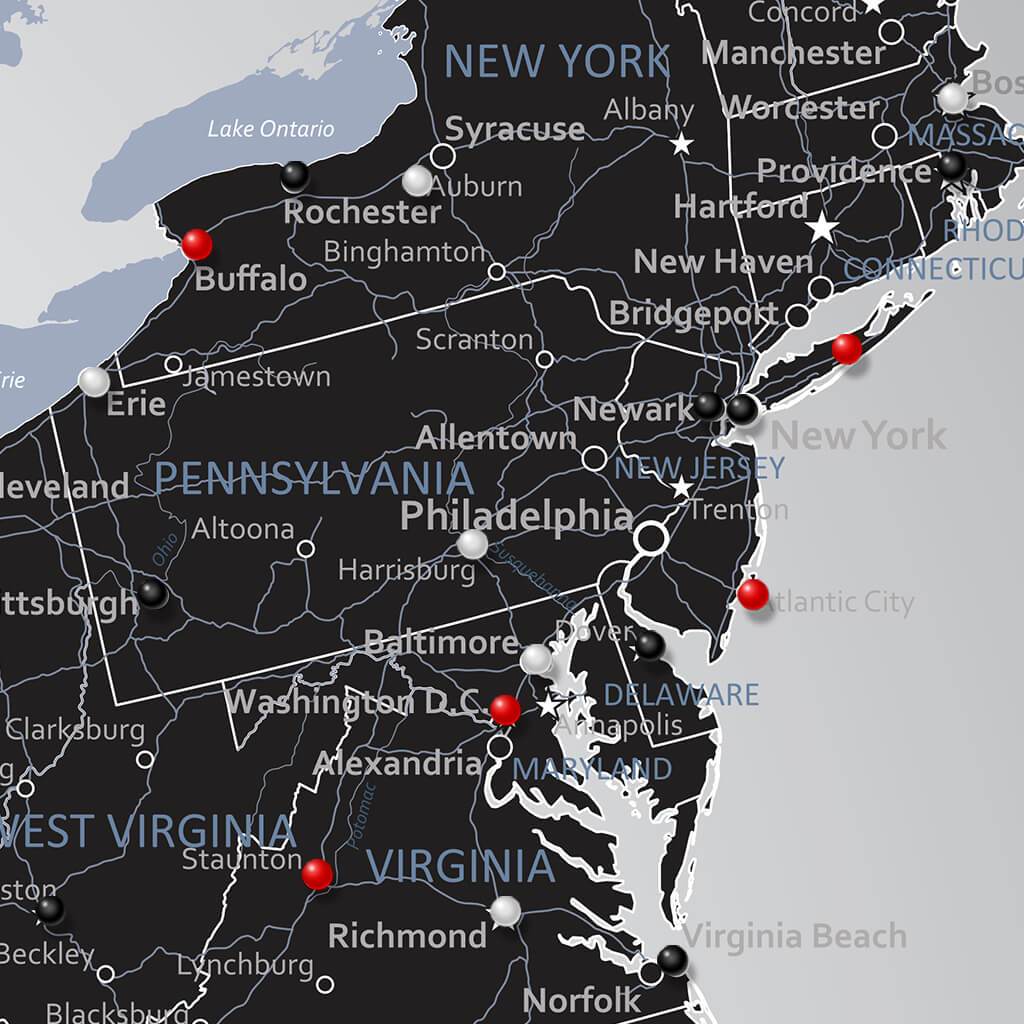 Black Ice USA Canvas Push Pin Map Closeup