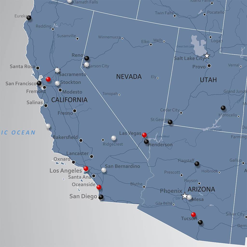 Framed Canvas Blue Ice US Travelers Map with Pins Closeup