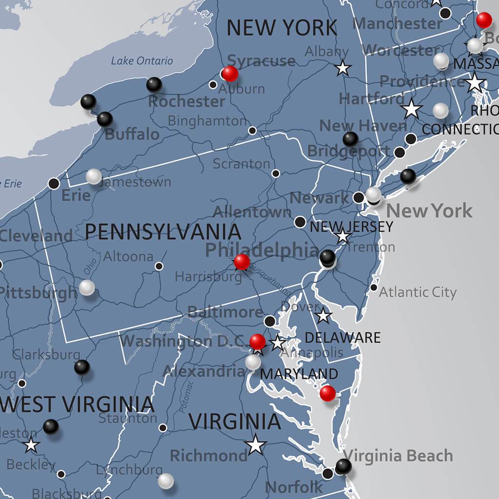 Framed Canvas Blue Ice US Travelers Map with Pins Closeup of Northeast Coast