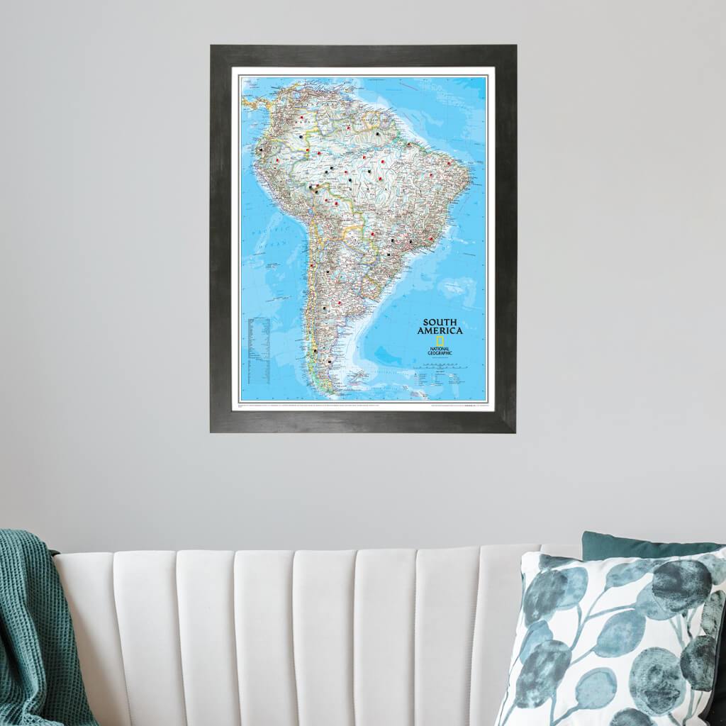 Classic South America Push Pin Travel Map in Rustic Black Frame