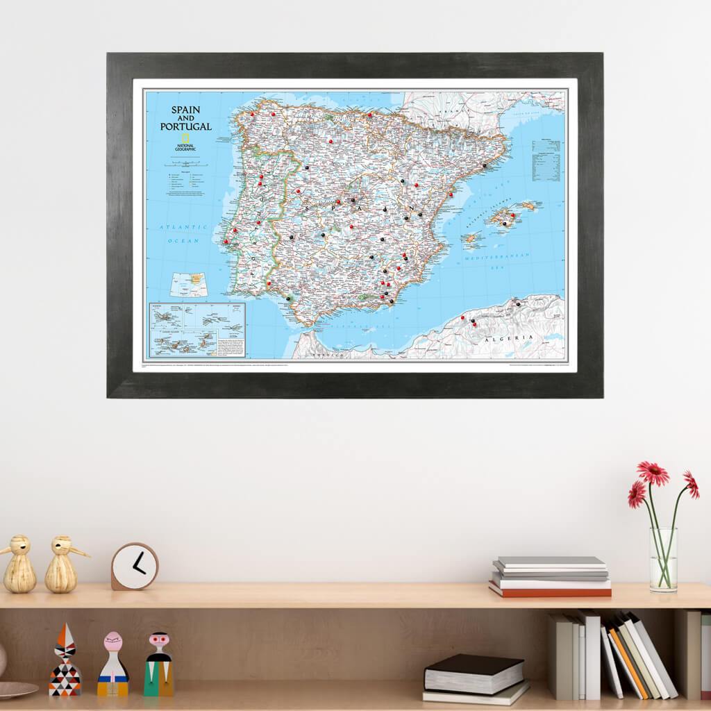 Classic Spain and Portugal Push Pin Travel Map in Rustic Black Frame