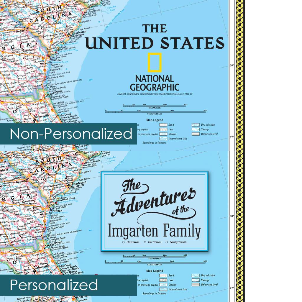 Close-up comparison of personalized and non-personalized Classic USA National Geographic canvas travel pin map designs