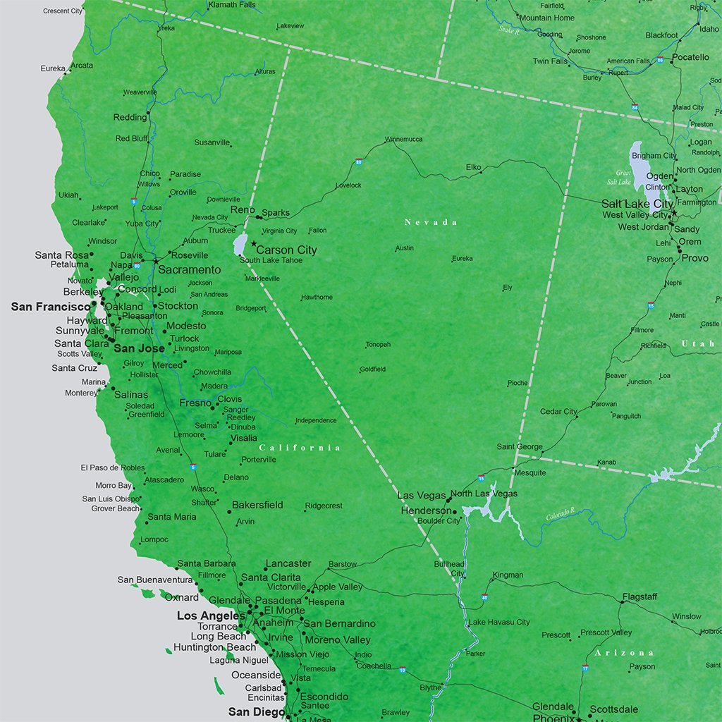 Gallery Wrapped Canvas Enchanting Emerald Watercolor USA Travel Map West Coast Closeup