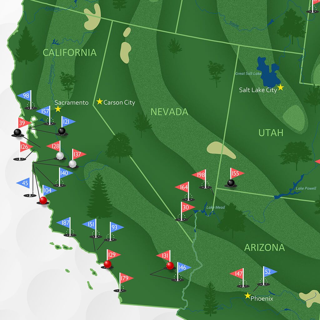 Golf course travel map canvas showing California Nevada Utah Arizona with numbered pin markers tracking visited courses
