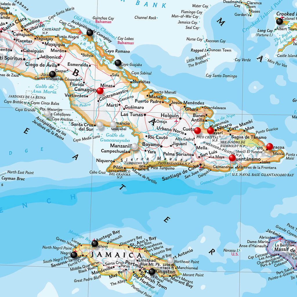 Canvas - Classic Caribbean Travel Map with Pins