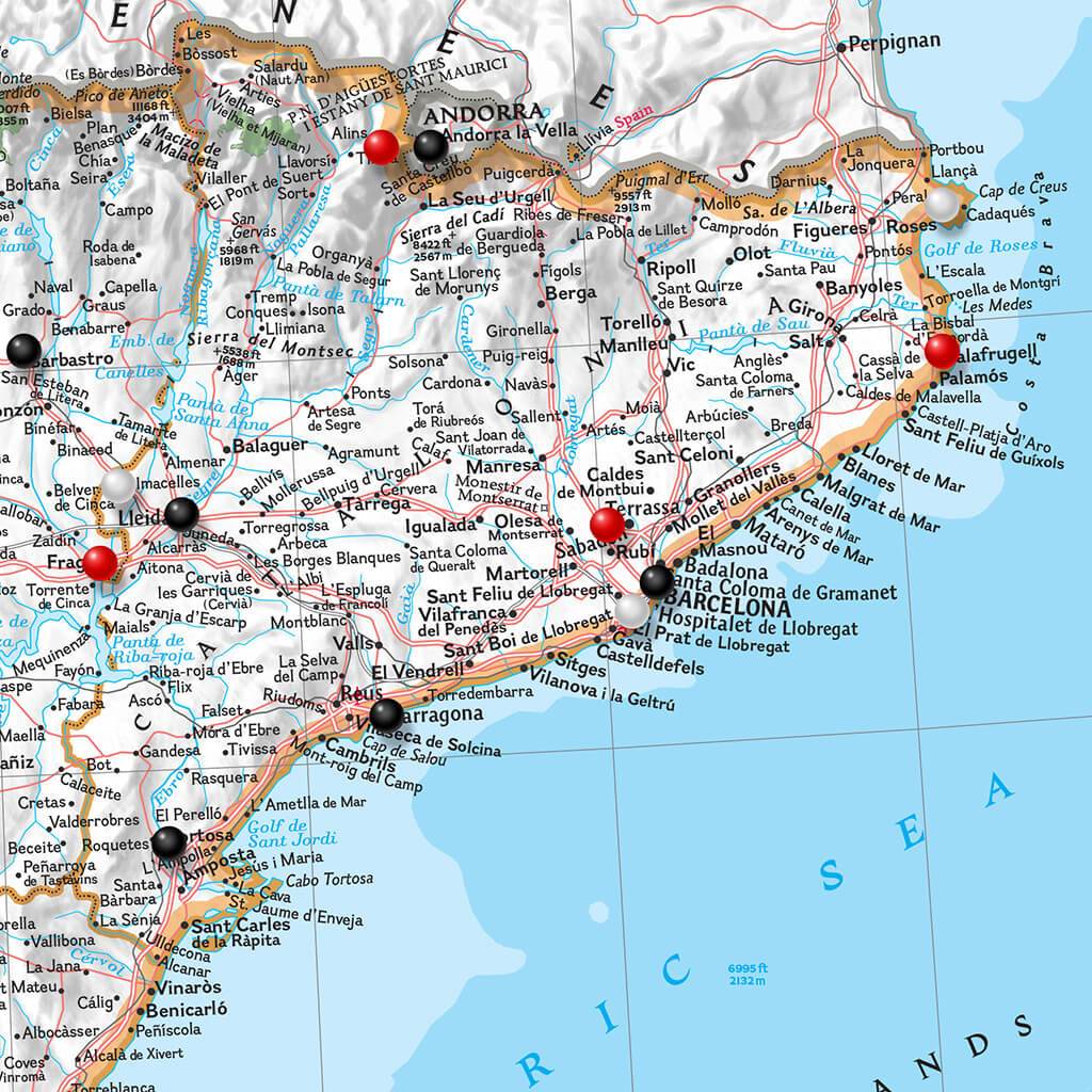 Closeup of Classic Spain and Portugal Push Pin Travel Map