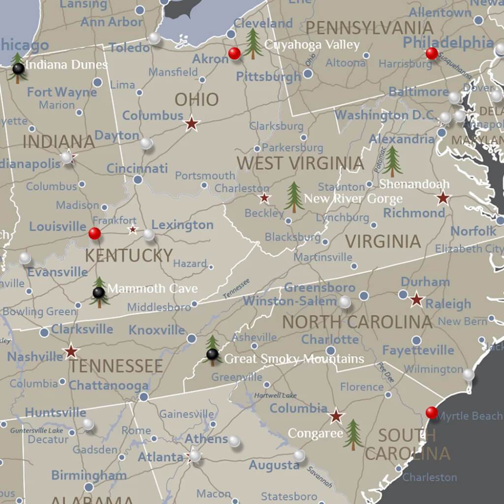 Closeup of the East Coast with Pins