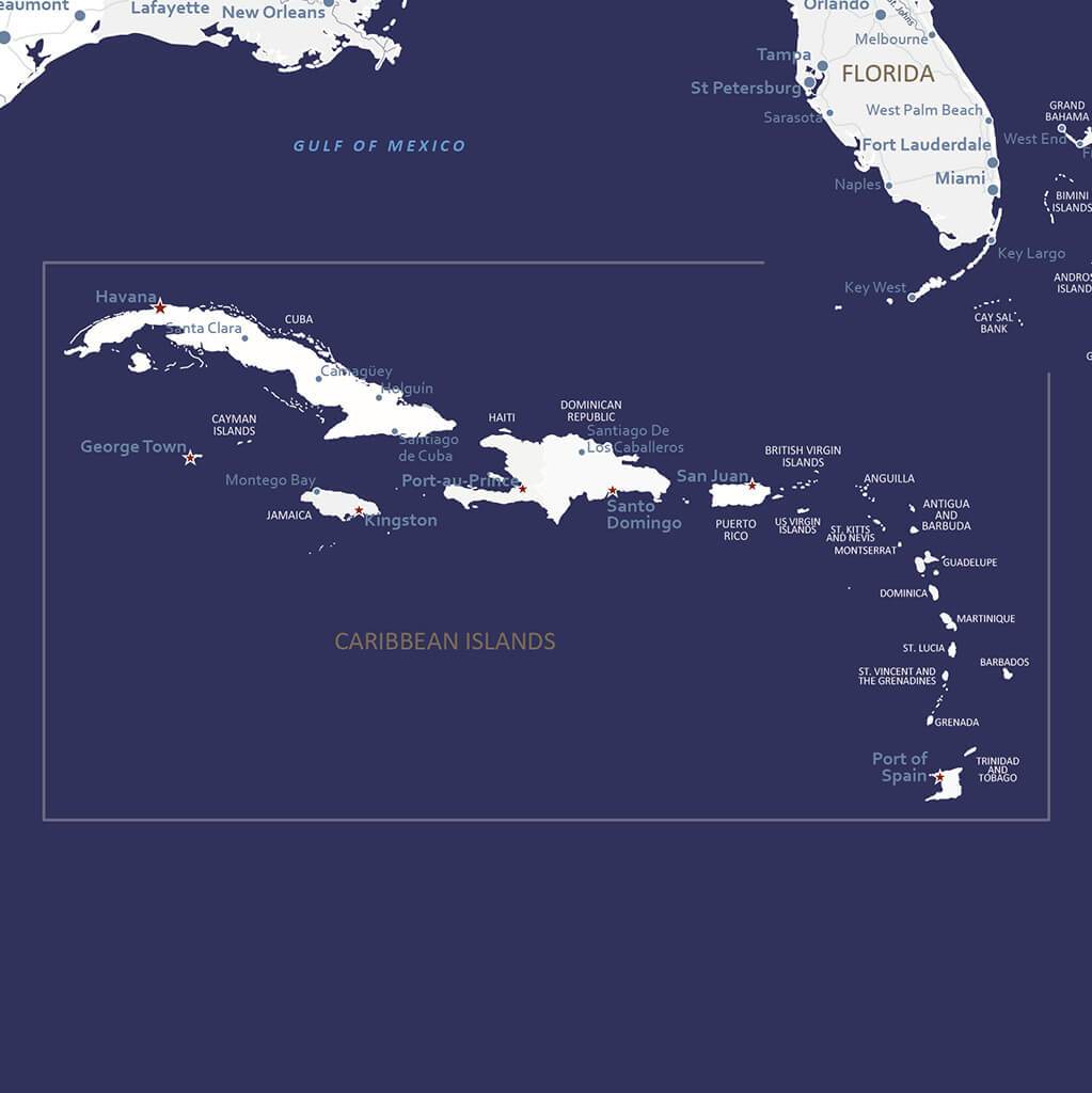 Navy blue canvas Caribbean Islands travel map showing Cuba, Jamaica, Haiti, Puerto Rico, and Florida coastline with labeled cities