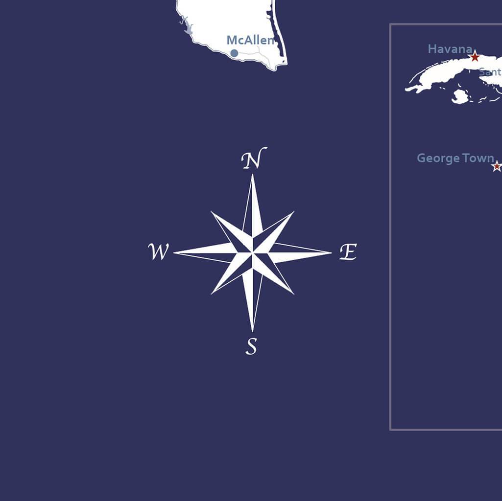 Close-up compass rose detail on navy blue Canvas USA Caribbean Travel Map