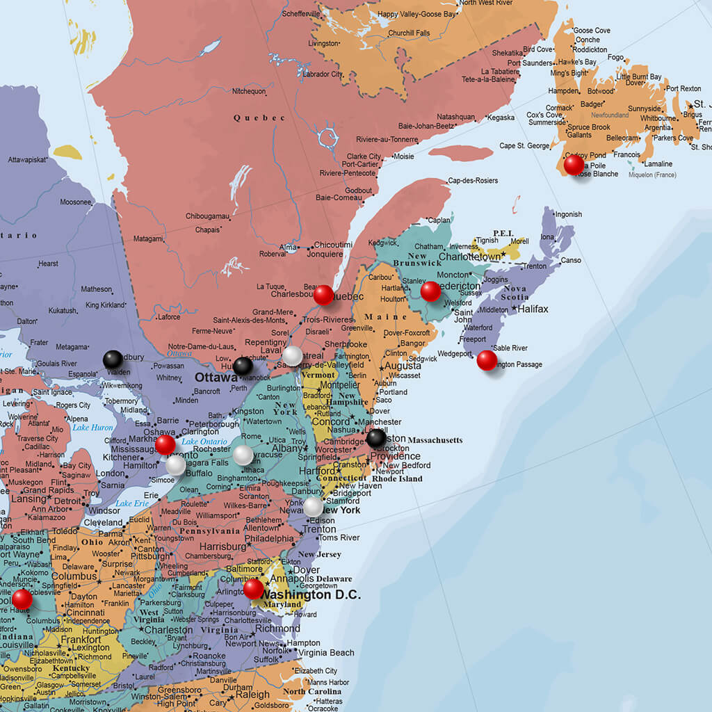 Closeup of the NE on the Blue Oceans North America Pin Map