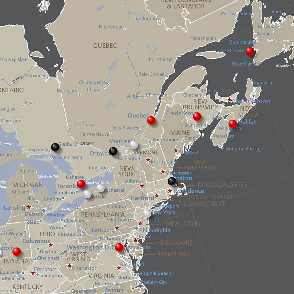 Closeup of Northeast on Earth Toned North America Map