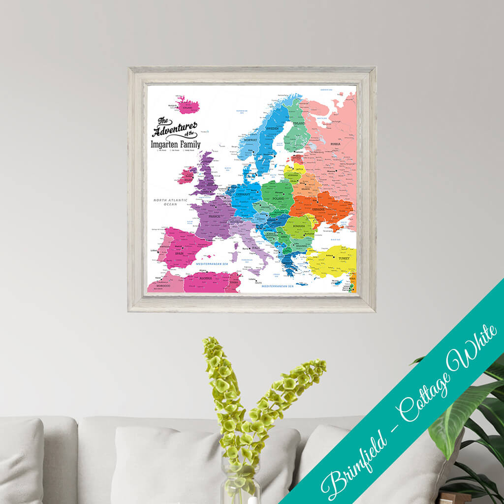 Framed Canvas Colorful Europe Push Pin Travel Map - Square - Brimfield White Frame
