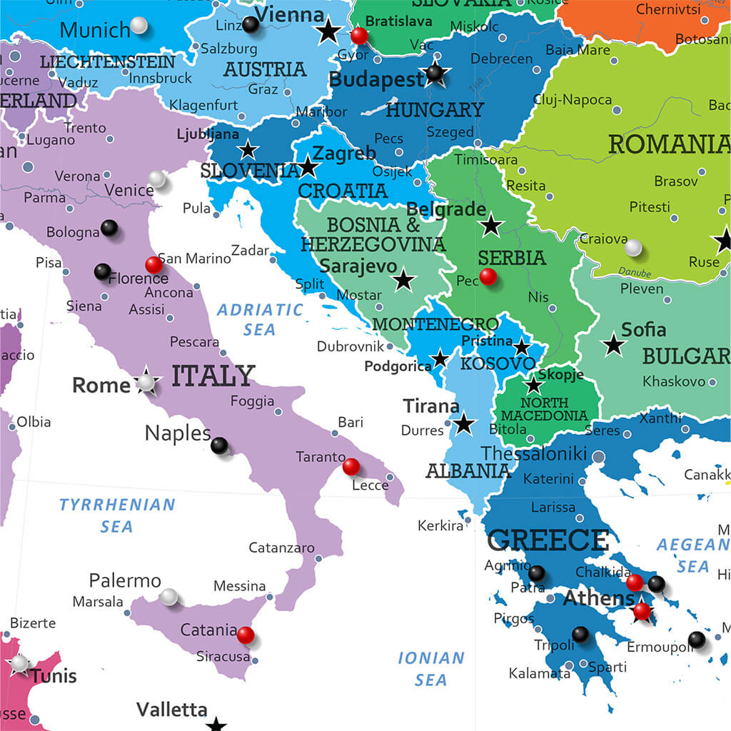 Closeup of Square Colorful Europe Push Pin Map