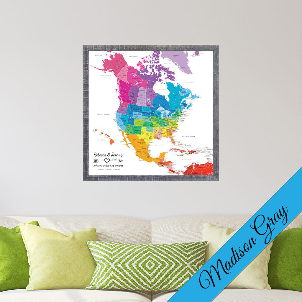 Canvas Colorful North America Travel Map in Madison Gray Premium Frame