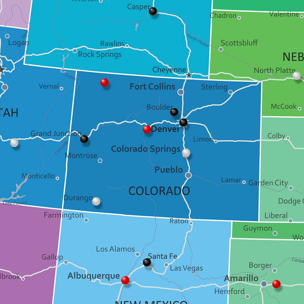 Closeup of Colorful USA Map with Pins