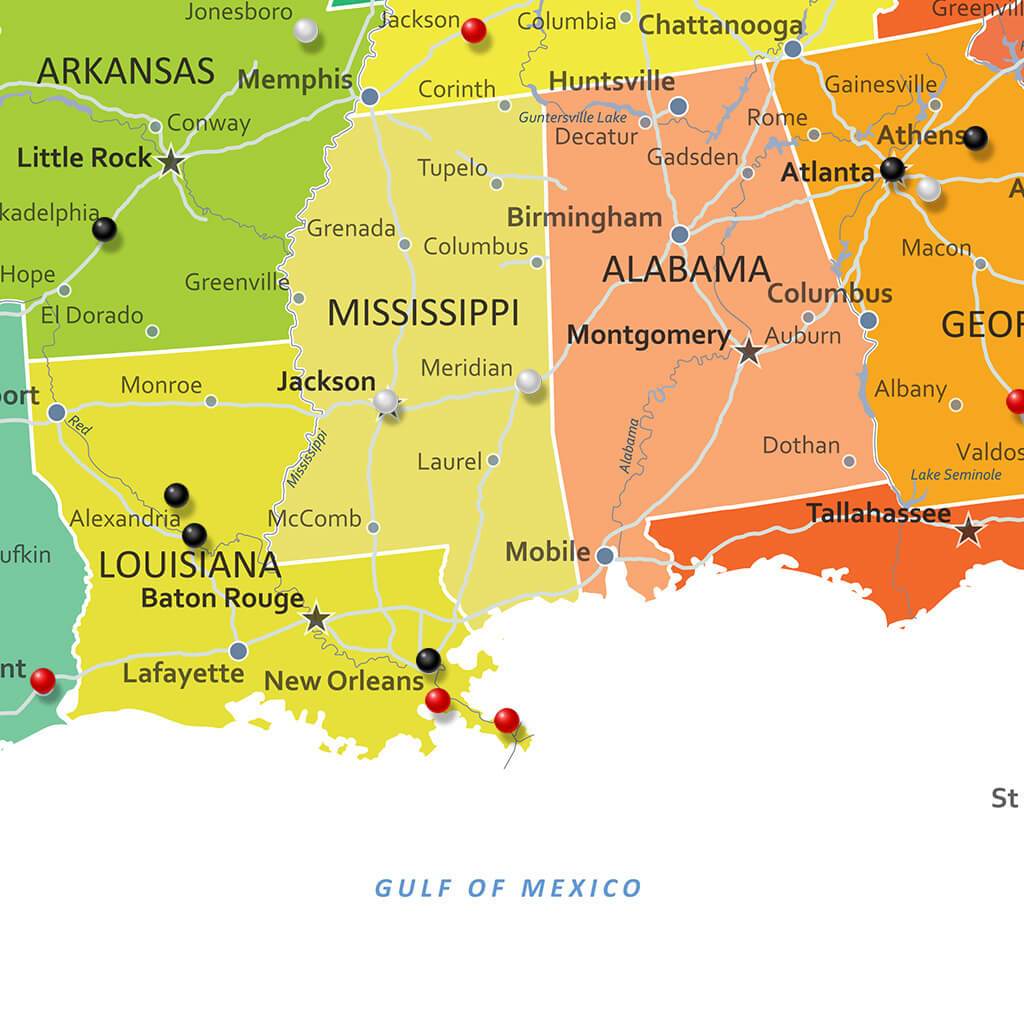 Closeup of Colorful US Travel Map with Pins