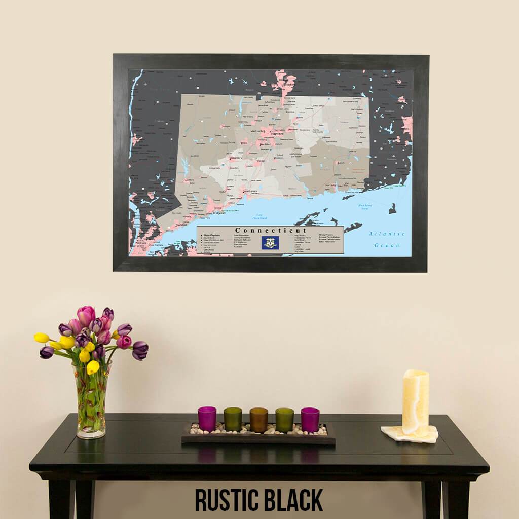 Earth Toned Connecticut State Travel Map Rustic Black Frame