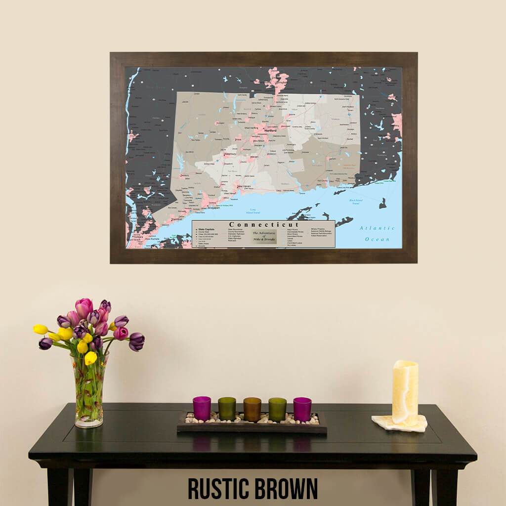 Earth Toned Connecticut State Travel Map Rustic Brown Frame