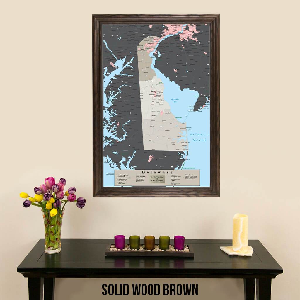 Earth Toned Delaware State Pin Map Solid Wood Brown Frame