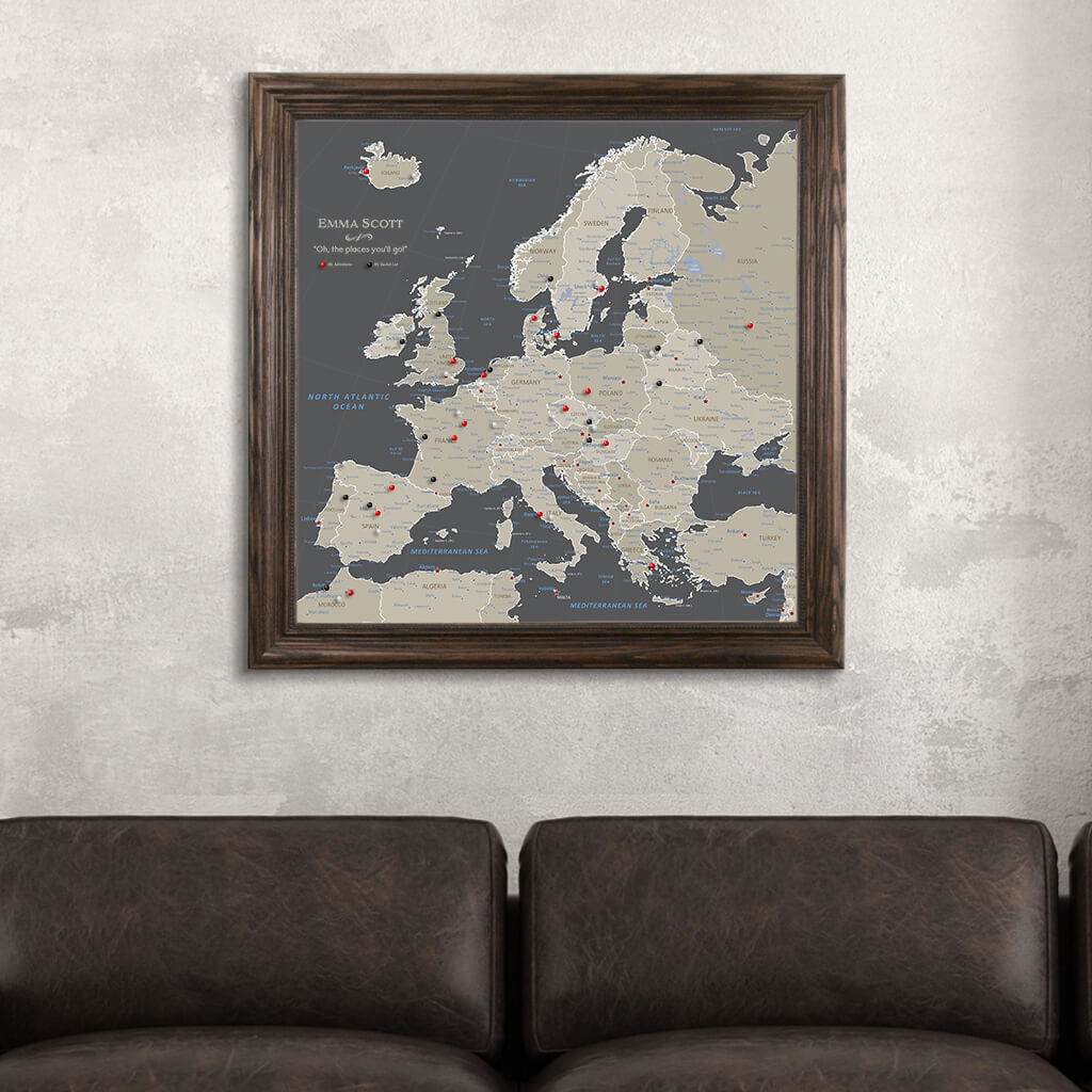 Framed Canvas Square Earth Toned Europe Map in Solid Wood Brown Frame