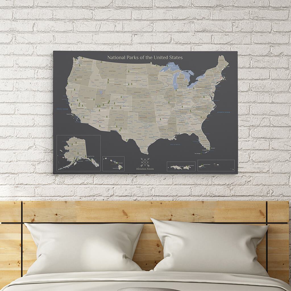 24x36 Gallery Wrapped Canvas Earth Toned USA National Parks Map