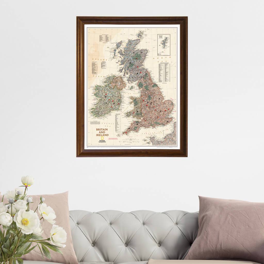 Executive Britain and Ireland Push Pin Map in Brown Frame