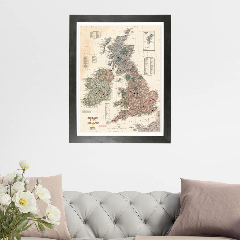 Executive Britain and Ireland Push Pin Map in Rustic Black Frame