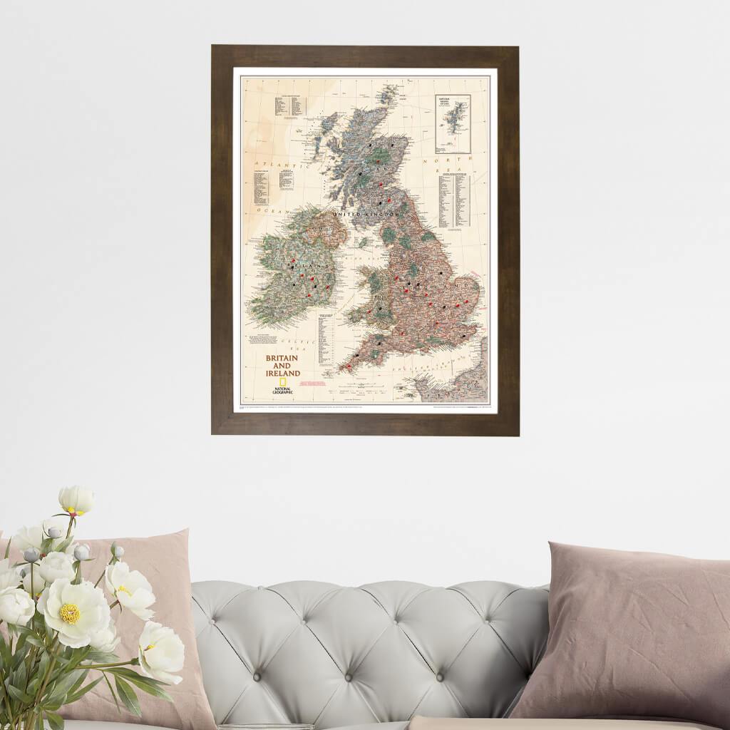 Executive Britain and Ireland Push Pin Map in Rustic Brown Frame