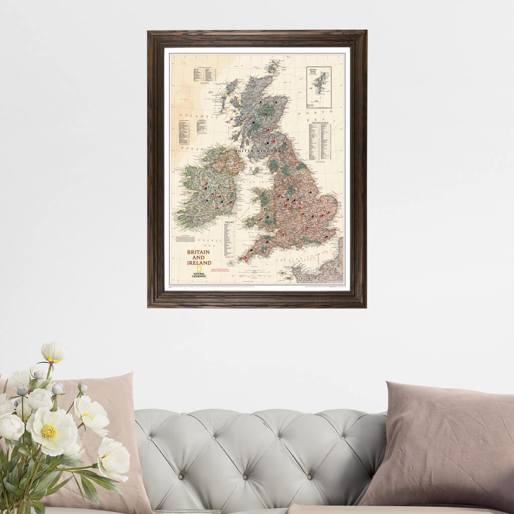 Executive Britain and Ireland Push Pin Map in Solid Wood Brown Frame