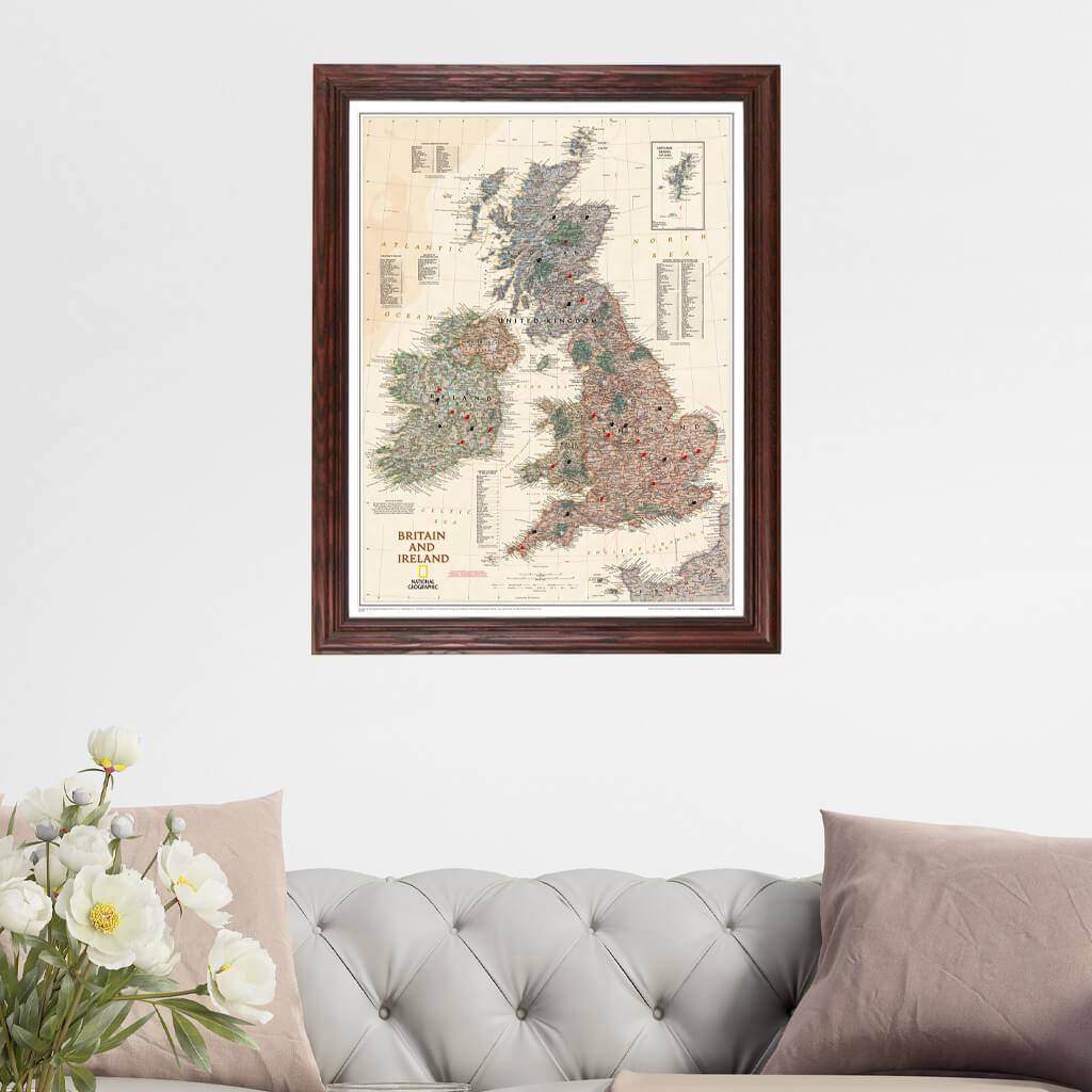 Executive Britain and Ireland Push Pin Map in Solid Wood Cherry Frame