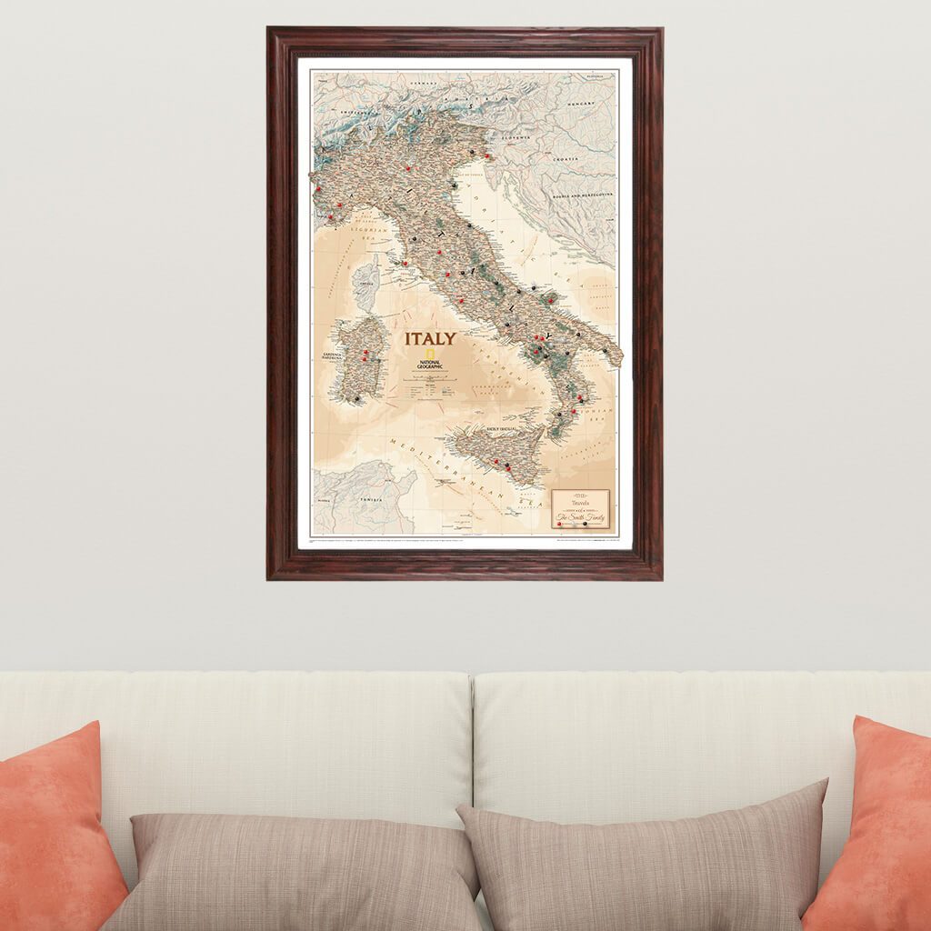 Canvas Executive Italy Travel Map in Solid Wood Cherry Frame