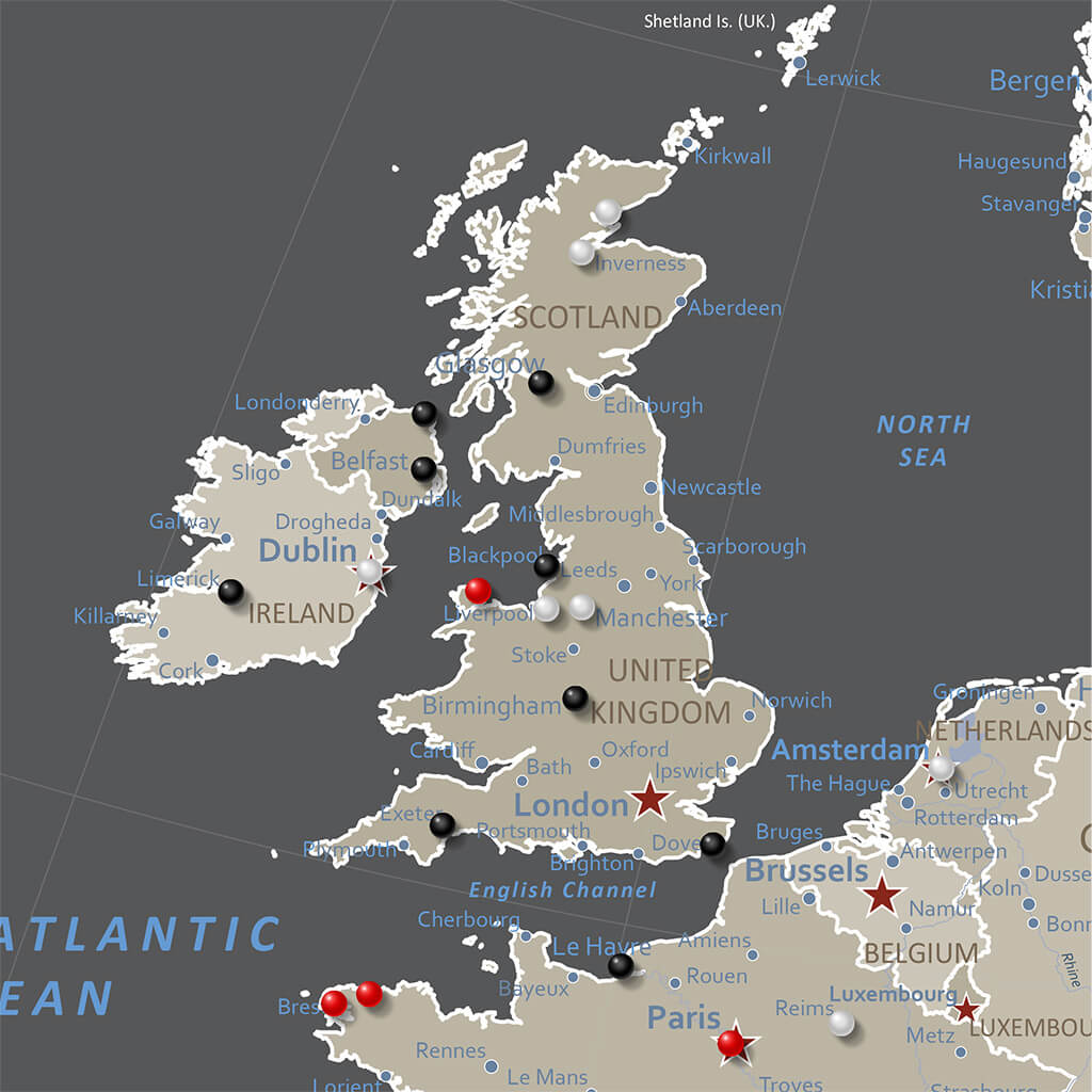 Earth toned canvas Europe travel map with black and red location pins marking UK Ireland France
