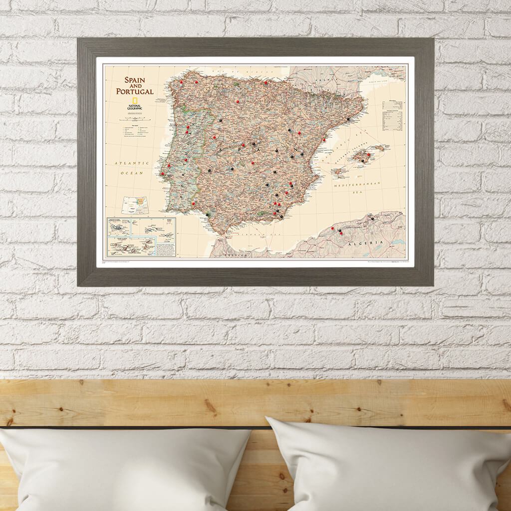 Executive Spain and Portugal Push Pin Travel Map in Barnwood Gray Frame