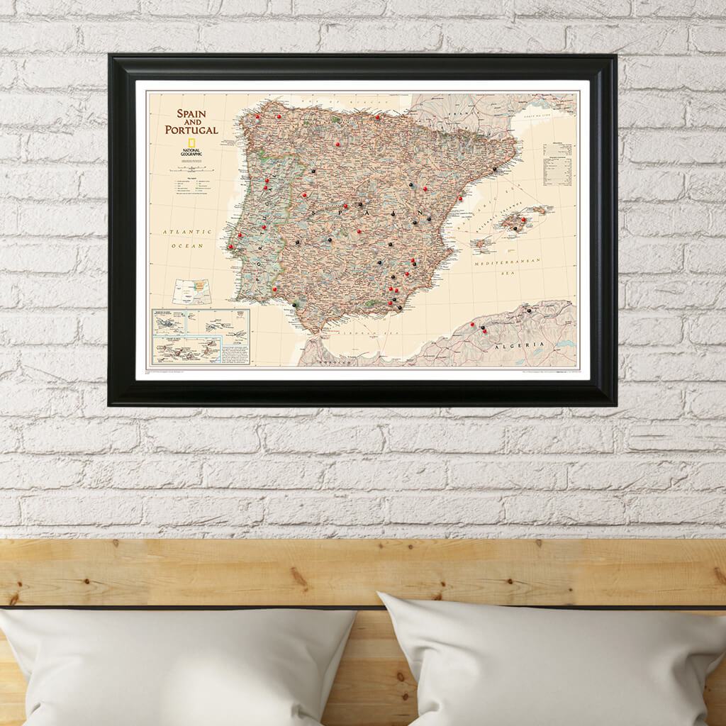 Executive Spain and Portugal Push Pin Travel Map in Black Frame