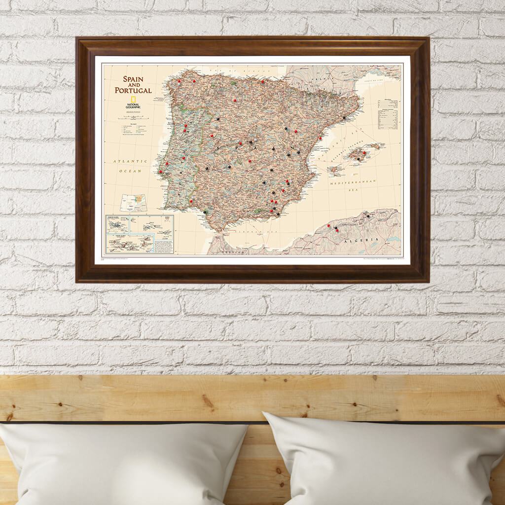 Executive Spain and Portugal Push Pin Travel Map in Brown Frame