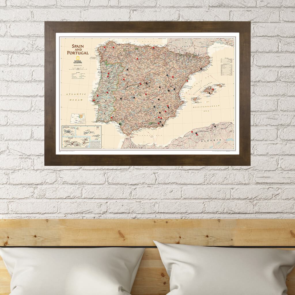 Executive Spain and Portugal Push Pin Travel Map in Rustic Brown Frame