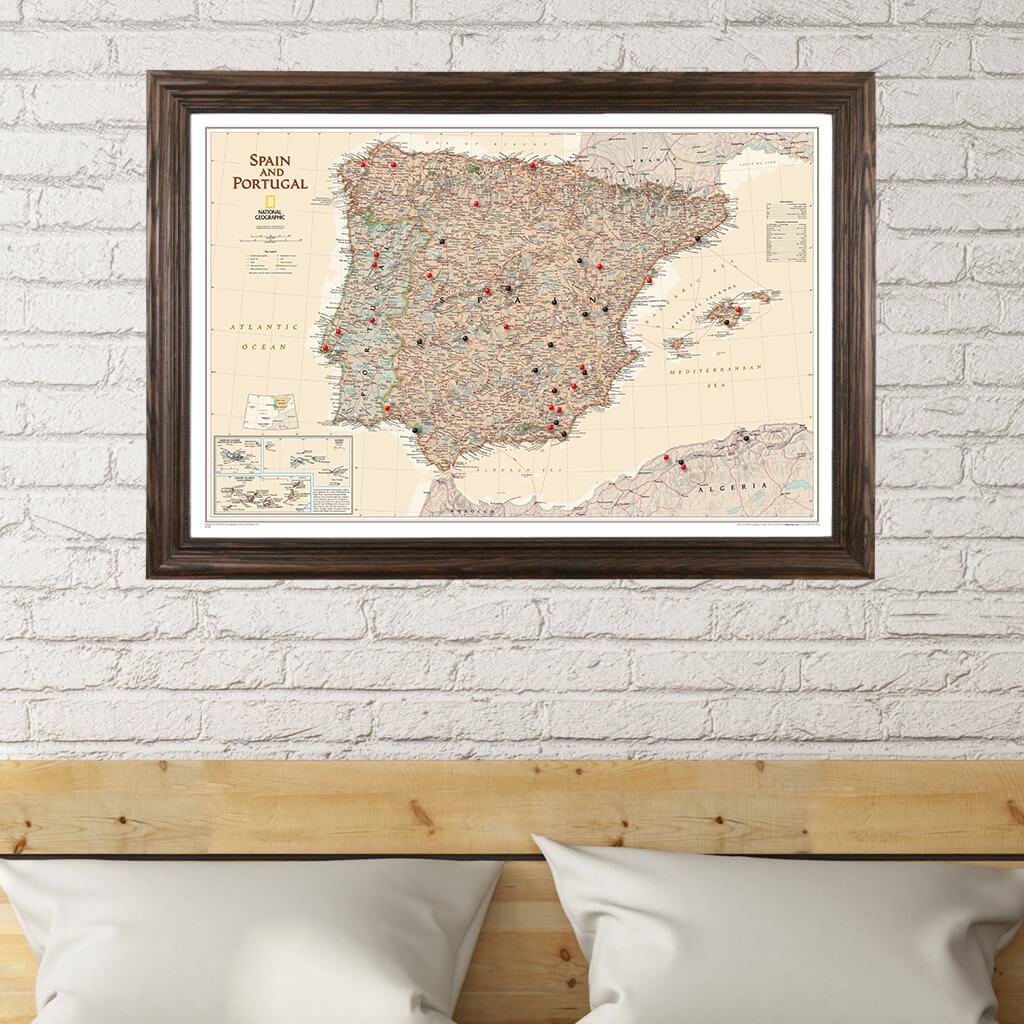 Executive Spain and Portugal Push Pin Travel Map in Solid Wood Brown Frame